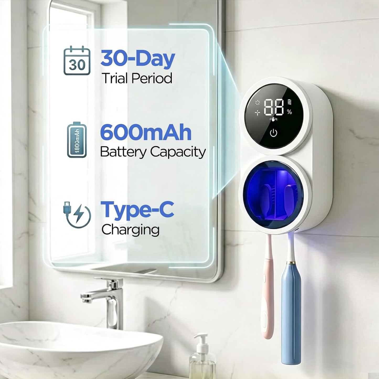 Toothbrush Sanitizer Holder – Wall Mounted Toothbrush Organizer with 60s Fast Sterilization, USB Charging, Auto-Inductive Cover, Fits Most Electric Manual & Kids Toothbrushes