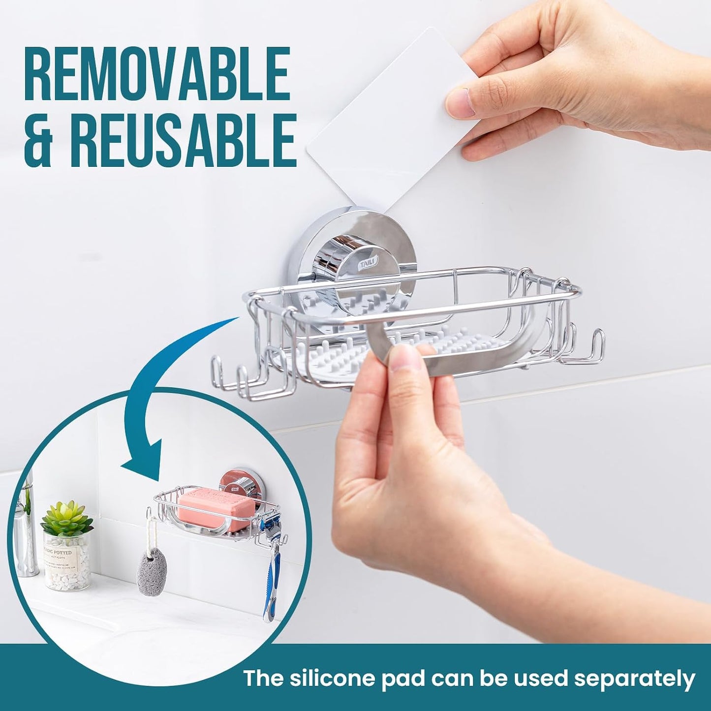 TAILI Soap Holder for Shower – Suction Cup Bar Soap Dish with Hooks, Rustproof Stainless Steel, Self-Draining Sponge Holder with Razor Holder for Bathroom & Kitchen, Black