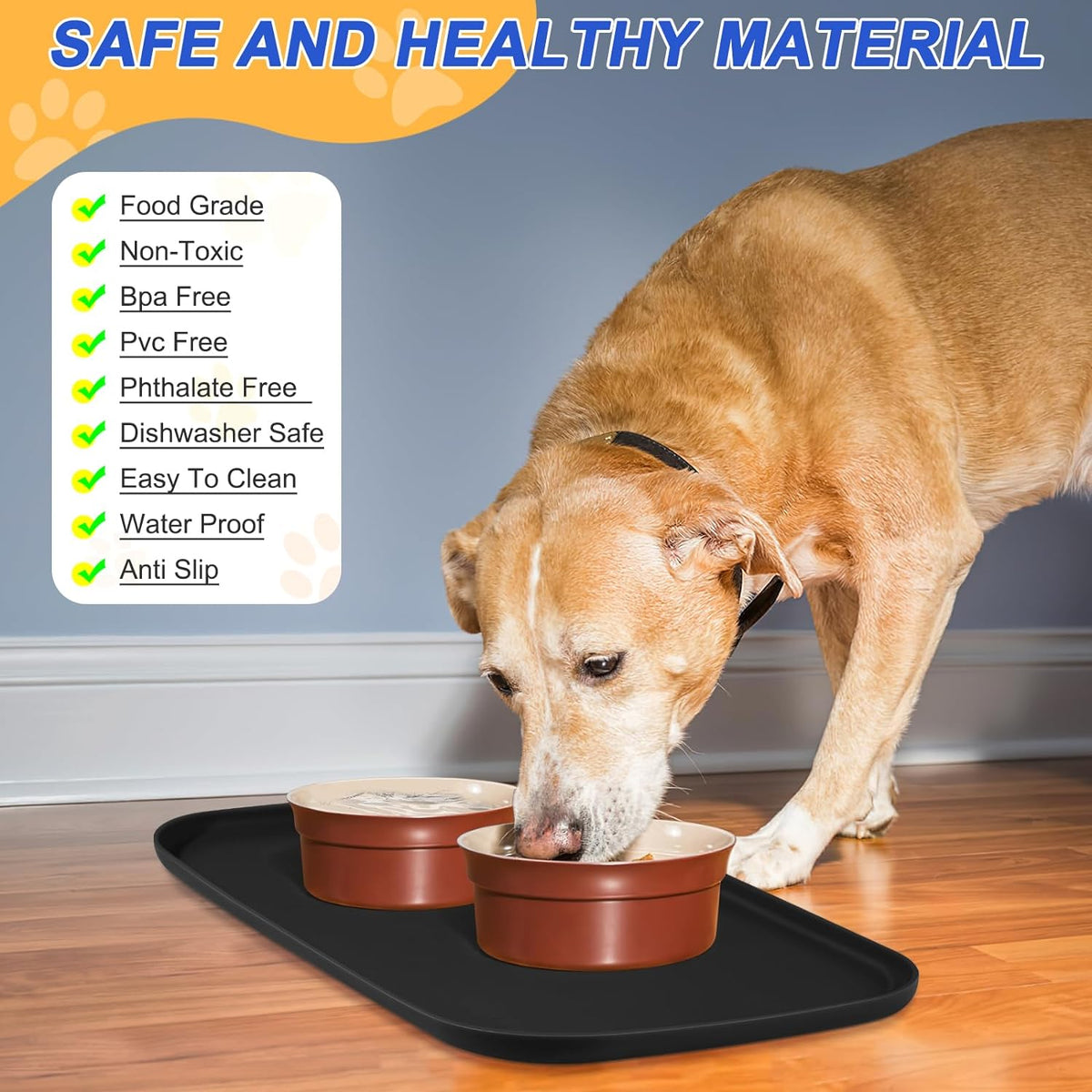 SMILOOL Silicone Pet Food Mat with Raised Edge for Food and Water Bowl, Dog Feeding Mats, Cat Food Trays for Floor Waterproof, Rubber Tray for Dogs and Cats, 19 x 12 x 0.7 Black