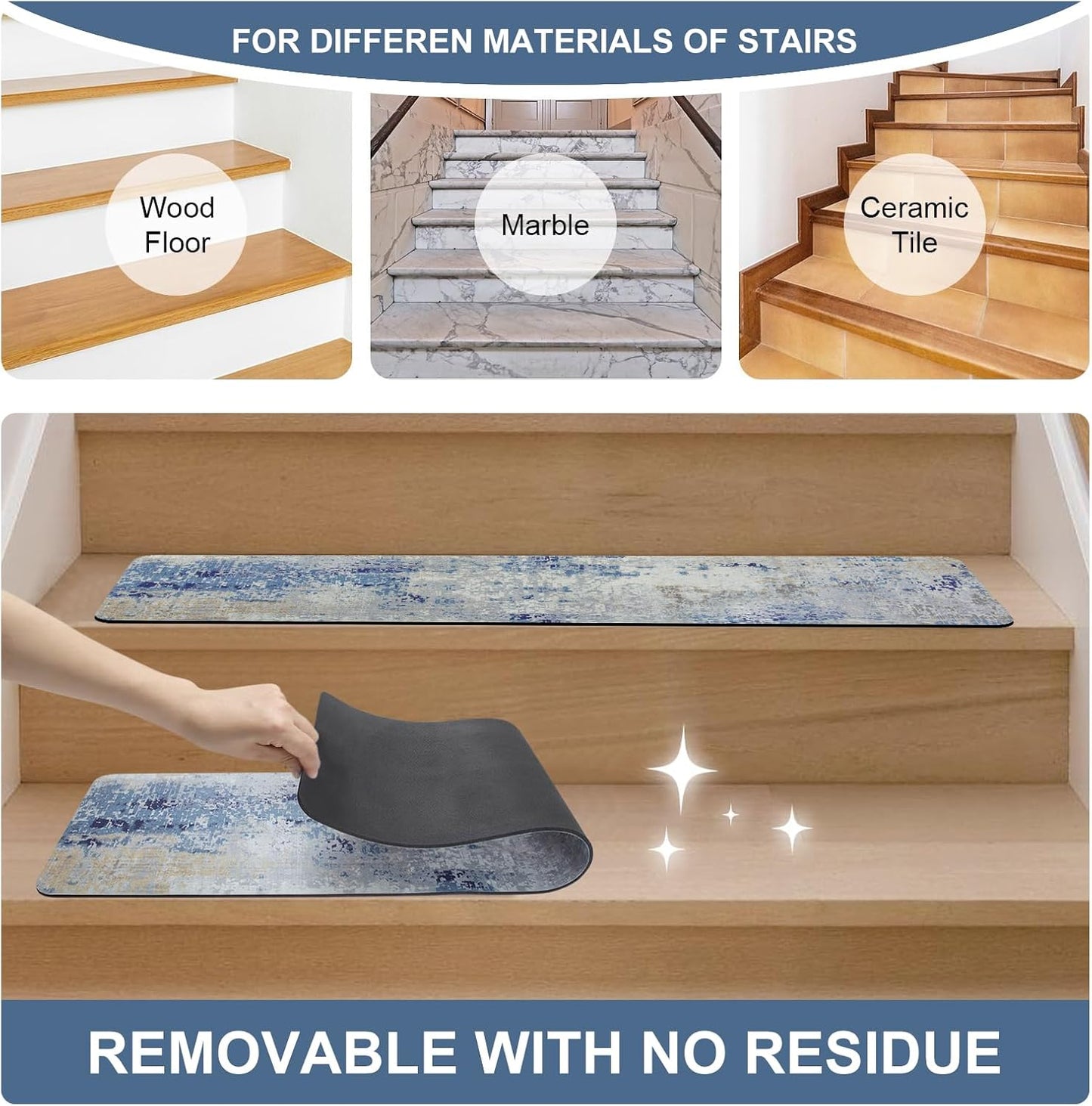 Tiveney Stair Treads Non Slip for Wooden Steps, 15PCS 8"x30" Grey Rubber Backing Stair Runner Mats, Washable Reusable Carpet for Stairs Rugs Indoor Safety Staircase Step Treads for Kids Elders Dogs