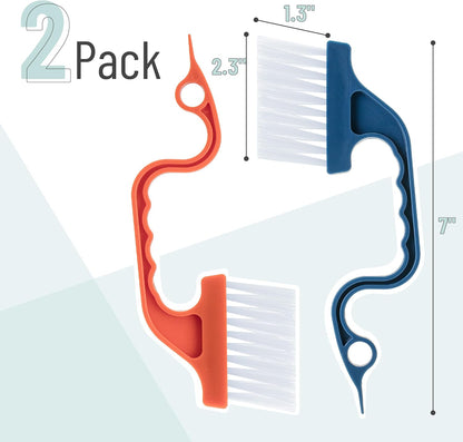 Slick- Window Track Cleaning Brush, 2 Pack, Blue Ergonomic Handle | Built-in Scraper, Multipurpose Window Track Cleaning Tool for Sliding Doors, Windows, Corners, Dust, Dirt & Narrow Gaps
