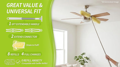IVYROLL Dual Head Duster with Extended Handle 6 ft, Lockable Extendable Duster Kit with Extension Pole for High Ceiling Fan & Wall, 8 Refills