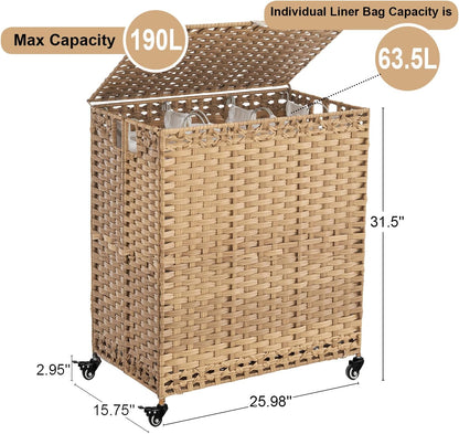Laundry Hamper with Wheels&Lid, 50.2 Gallons(190L) Rolling Laundry Basket with Wheels, 3-Section Laundry Hamper, Handwoven Rattan Clothes Hamper with 6 Removable Liner& 3 Mesh Laundry Bags, Grey