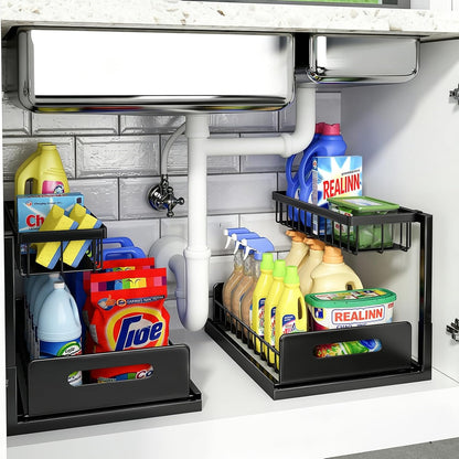 REALINN Under Sink Organizer, Pull Out Cabinet Organizer, 2 Tier Metal Slide Out Shelf with L Shaped Design for Kitchen, Bathroom, Laundry, and Utility Cabinet Storage for Deep Cabinets, White, 2 Pack