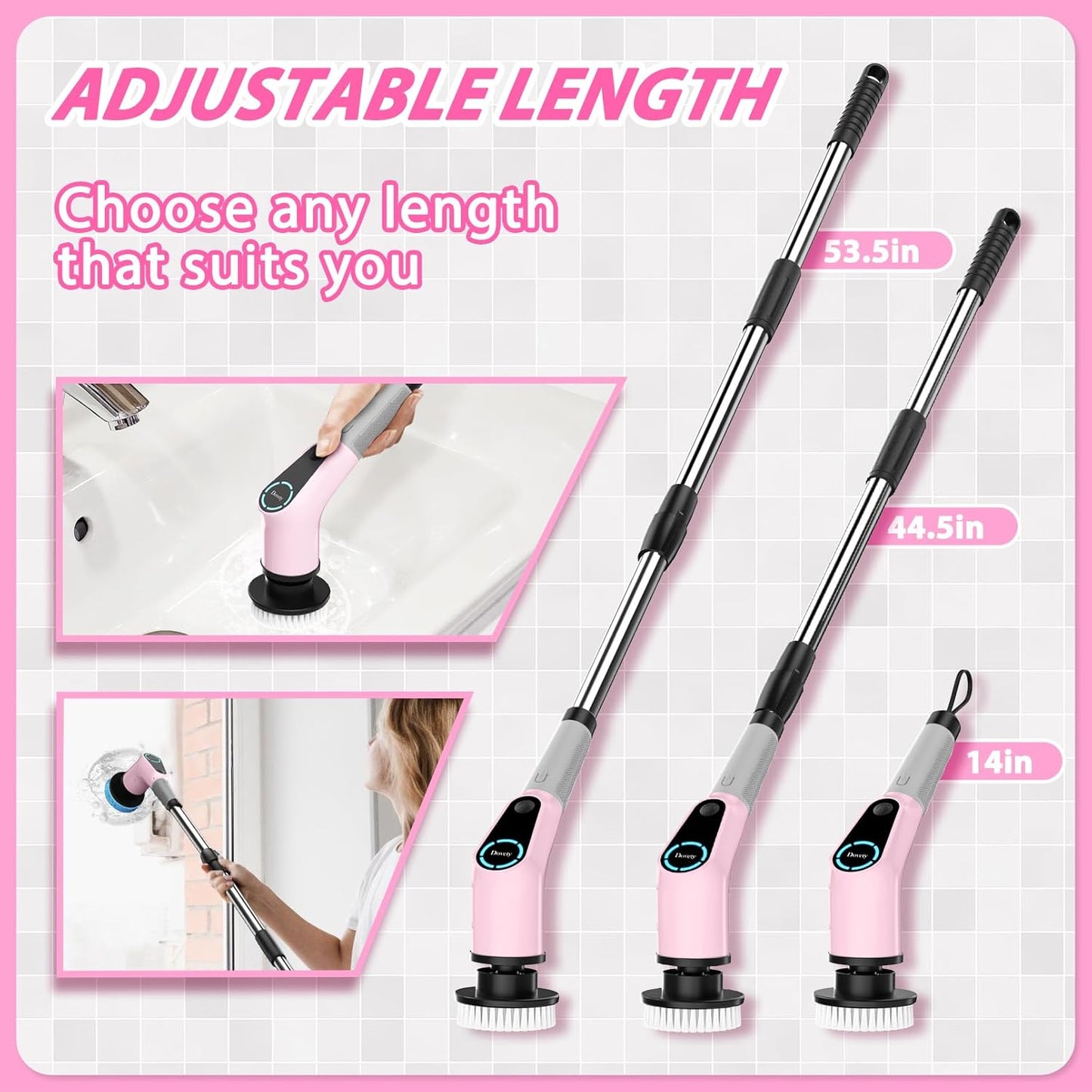 Dovety Electric Spin Scrubber, Cordless Cleaning Brush, Shower Scrubber with 8 Replaceable Brush Head, Power Cleaning Brush with Extension Handle, 2 Adjustable Speed, for Bathtub Tile Floor (Pink)