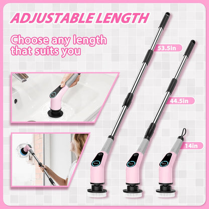 Dovety Electric Spin Scrubber, Cordless Cleaning Brush, Shower Scrubber with 8 Replaceable Brush Head, Power Cleaning Brush with Extension Handle, 2 Adjustable Speed, for Bathtub Tile Floor (Pink)