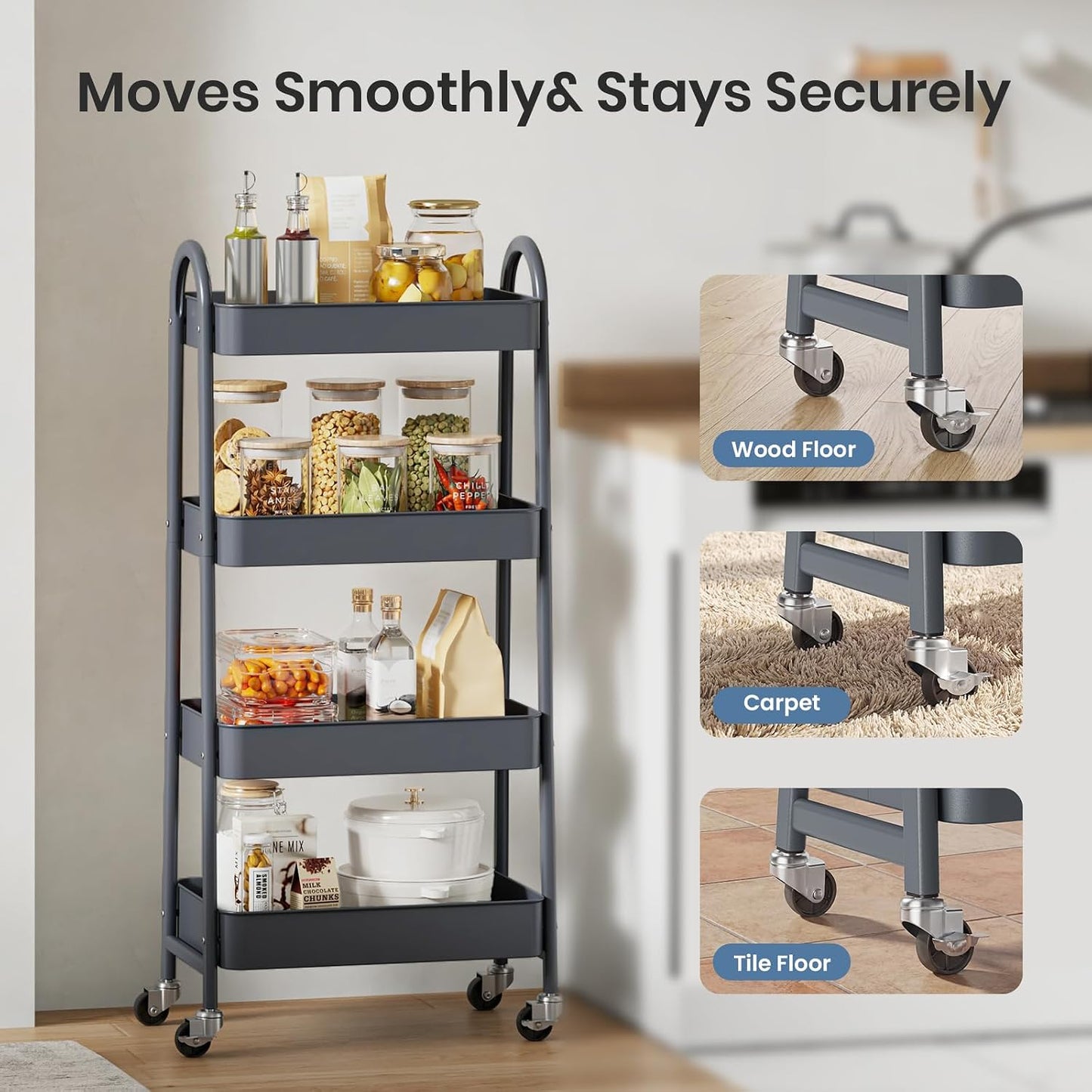 DUMOS 3 Tiers Rolling Cart, Utility Cart, Metal, White | Mobile Storage, Lockable Wheels, Utility Shelving Unit, Kitchen, Bathroom, Laundry, Narrow Places