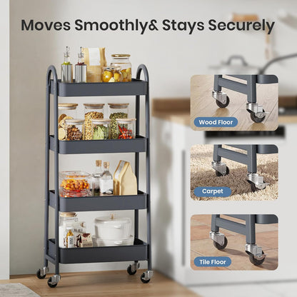 DUMOS 3 Tiers Rolling Cart, Utility Cart, Metal, White | Mobile Storage, Lockable Wheels, Utility Shelving Unit, Kitchen, Bathroom, Laundry, Narrow Places