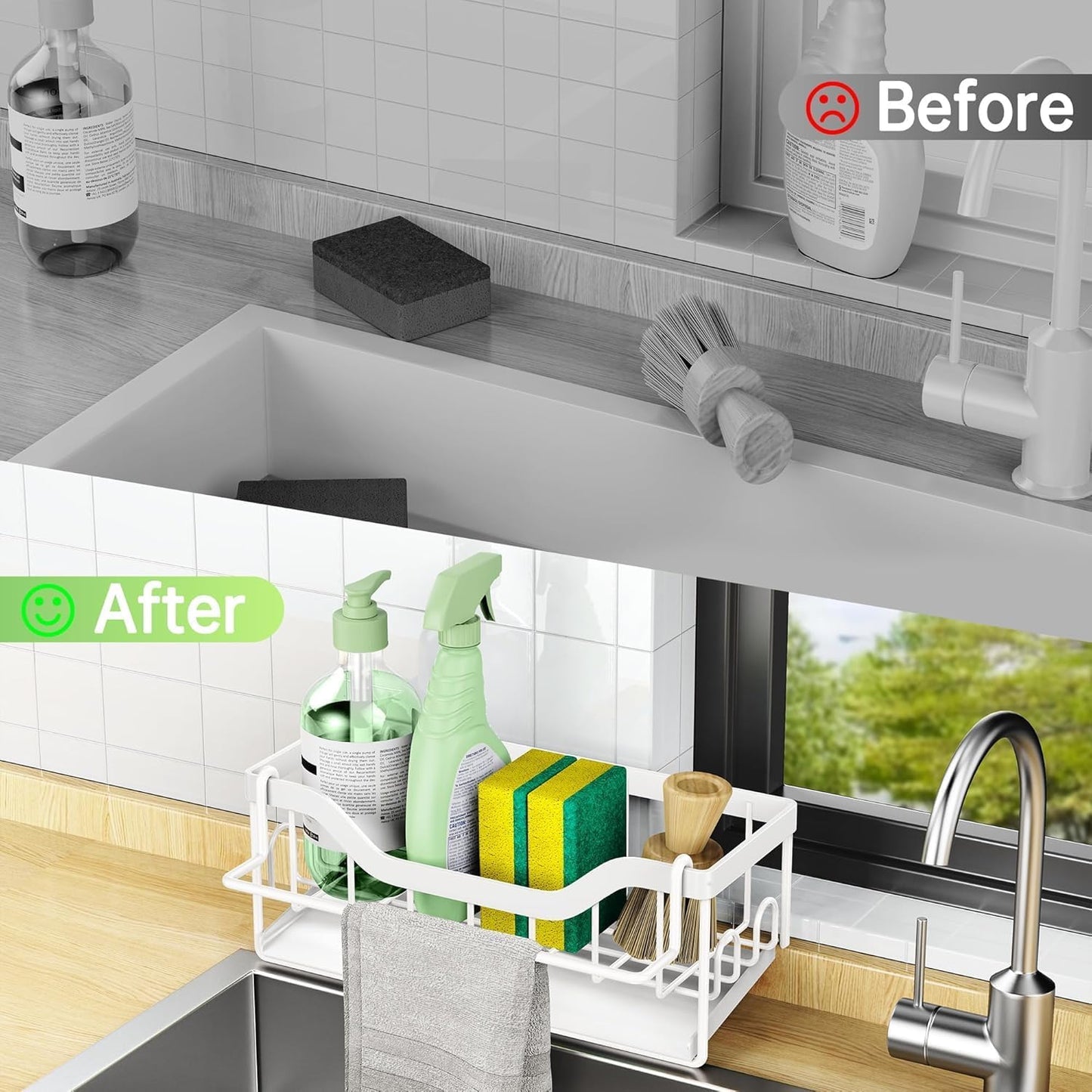 Kitchen Sink Organizer Stainless Steel Sponge Holder with Automatic Drainage Tray and Detachable Rag Rack