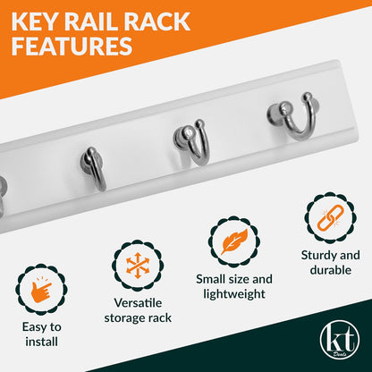 Wall Mounted Key Rack Rail Hanger Key Holder Wall Mount with 4 Hooks Hanging Storage Keys Organizer Home Decor (White)