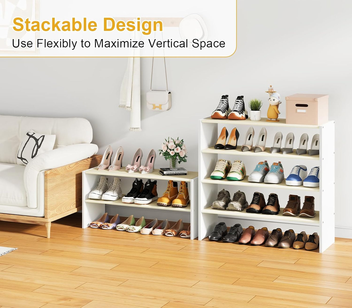 Cidaziya 2 Tier Small White Shoe Rack for Closet, Stackable Shoe Shelf Organizer for 9-12 Pairs of Shoes, Portable Wood and Cloth Structure, Small Shoe Storage Organizer, Size 28.5"* 11" * 13"