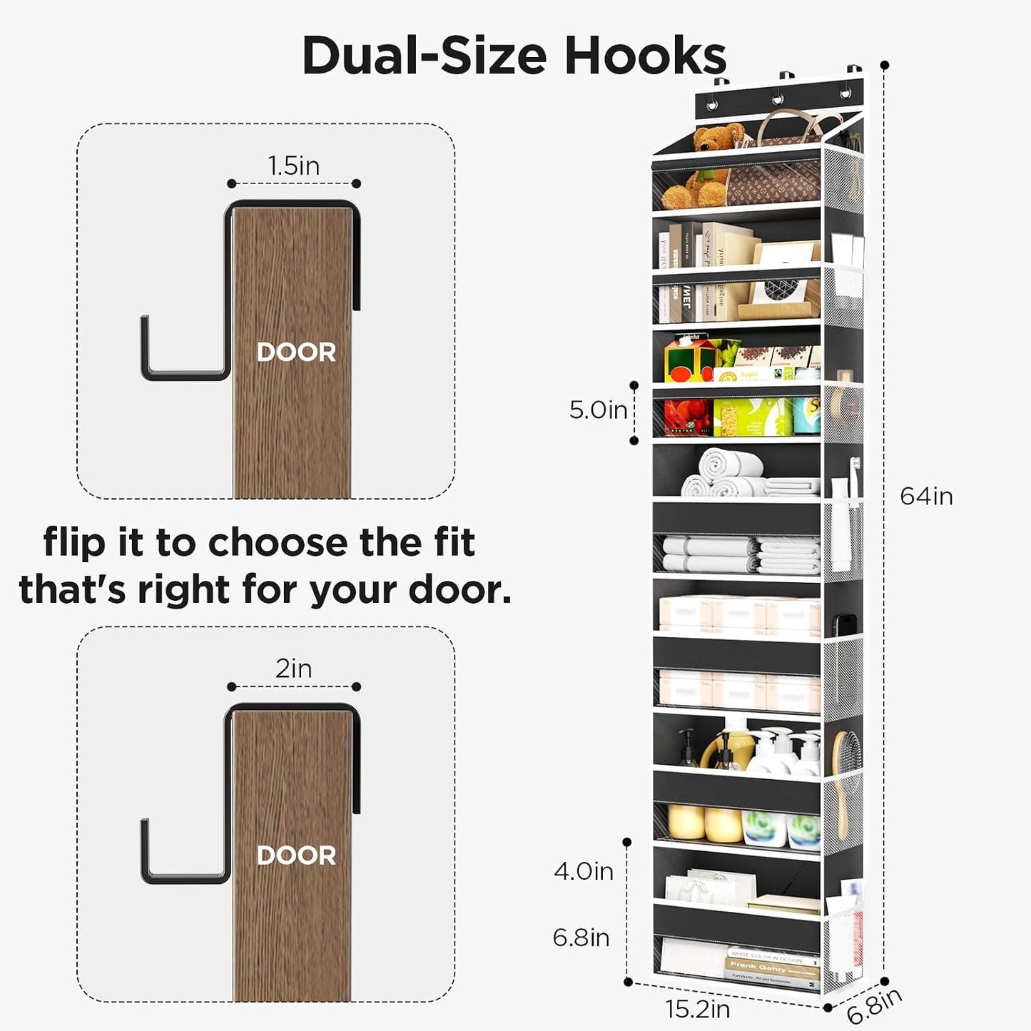 6 Tiers Over The Door Organizer, Heavy Duty Hanging Organizer Storage with Large Capacity Pockets, Behind Door Storage Hanging Shelves for Closet Wall Bathroom Bedroom Nursery Pantry, 1 Pack Grey