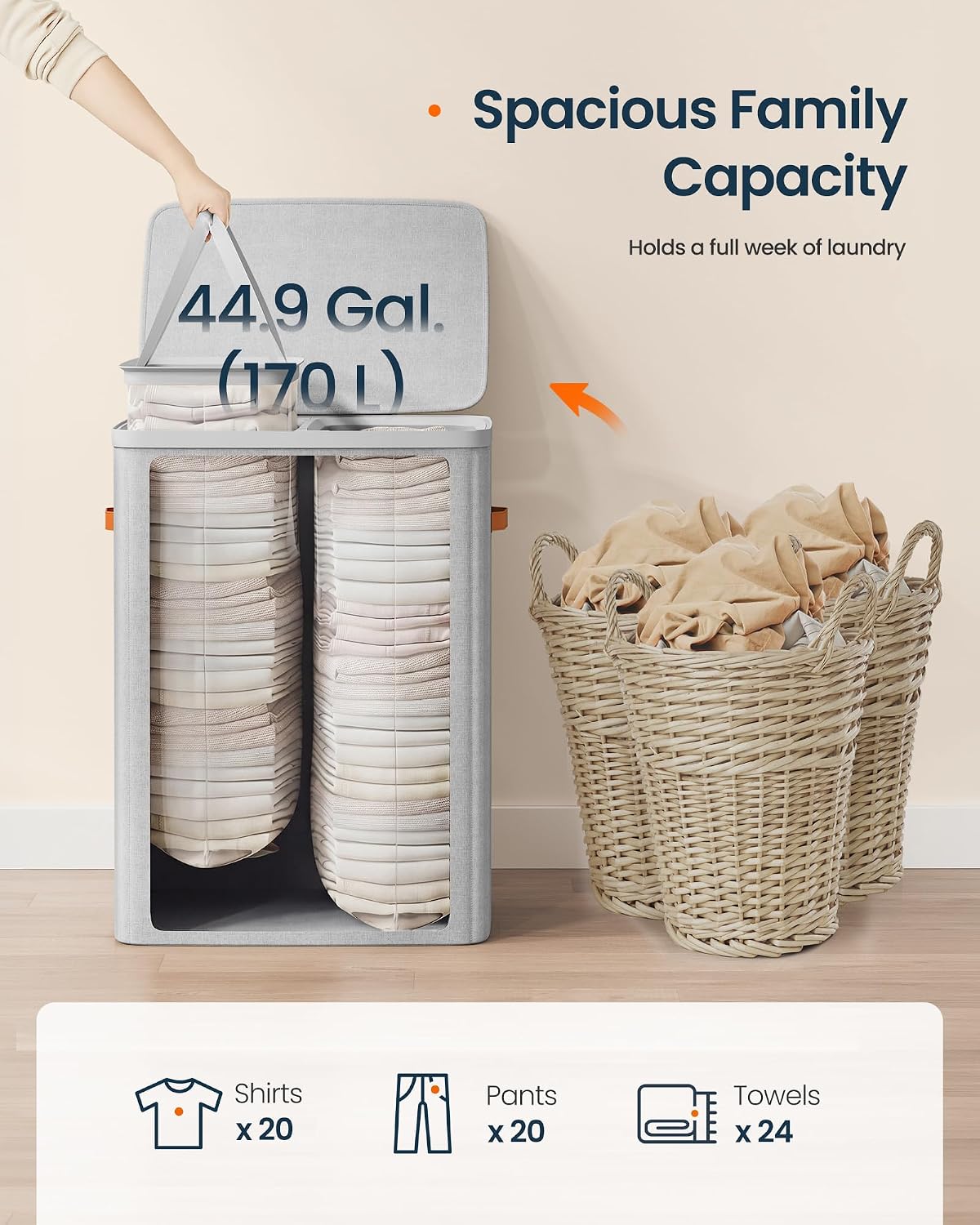 SONGMICS HOME Laundry Hamper with Lid, 2 Section Laundry Basket with Removable Liners and Handles, Foldable Clothes Sorter for Bedroom, Bathroom, Beige
