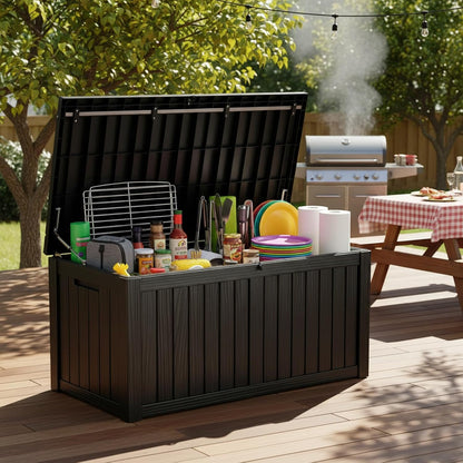 MAKINO 152 Gallon Resin Outdoor Storage Box, Waterproof Deck Box with Lockable Lid, Outside Storage Box for Patio Furniture, Pool Accessories, Garden Tools, Storage Bench for Backyard, Porch, Black
