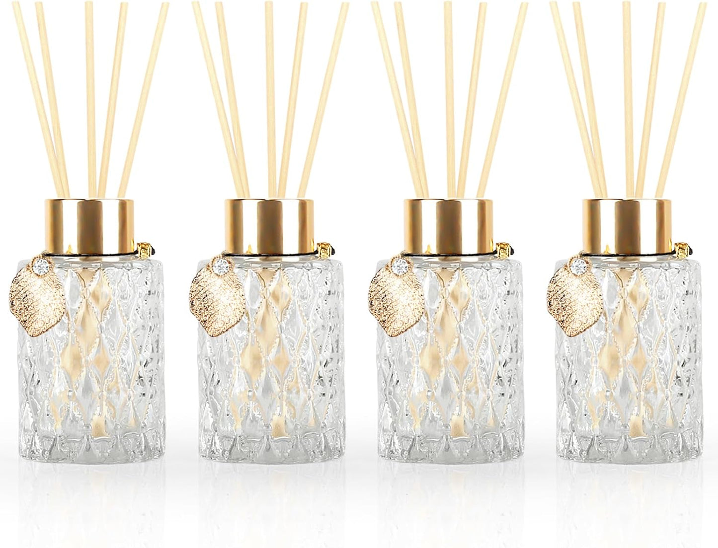 4-Piece Reed Diffuser Set with Metal Golden Decoration, 3.5-4.2oz Empty Bottles and 20 Reed Sticks, Unique Design for Home and Office (4 Different Bottles)