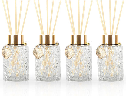 4-Piece Reed Diffuser Set with Metal Golden Decoration, 3.5-4.2oz Empty Bottles and 20 Reed Sticks, Unique Design for Home and Office (4 Different Bottles)