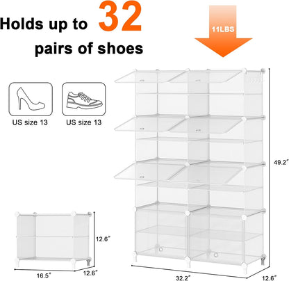 AWTATOS 8 Tiers Shoe Rack Organizer, 32 Pair Shoe Storage Cabinet, White | DIY Stackbale Plastic Shoe Organizer Shelves for Closet Entryway Hallway Bedroom