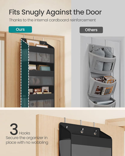 SONGMICS Over-the-Door Organizer, 5-Tier Door Hanging Storage Shelf, Heavy-Duty Closet Hanging Organizer Foldable, Transparent, Pockets, Metal Hooks, Ink Black URDH010BH01