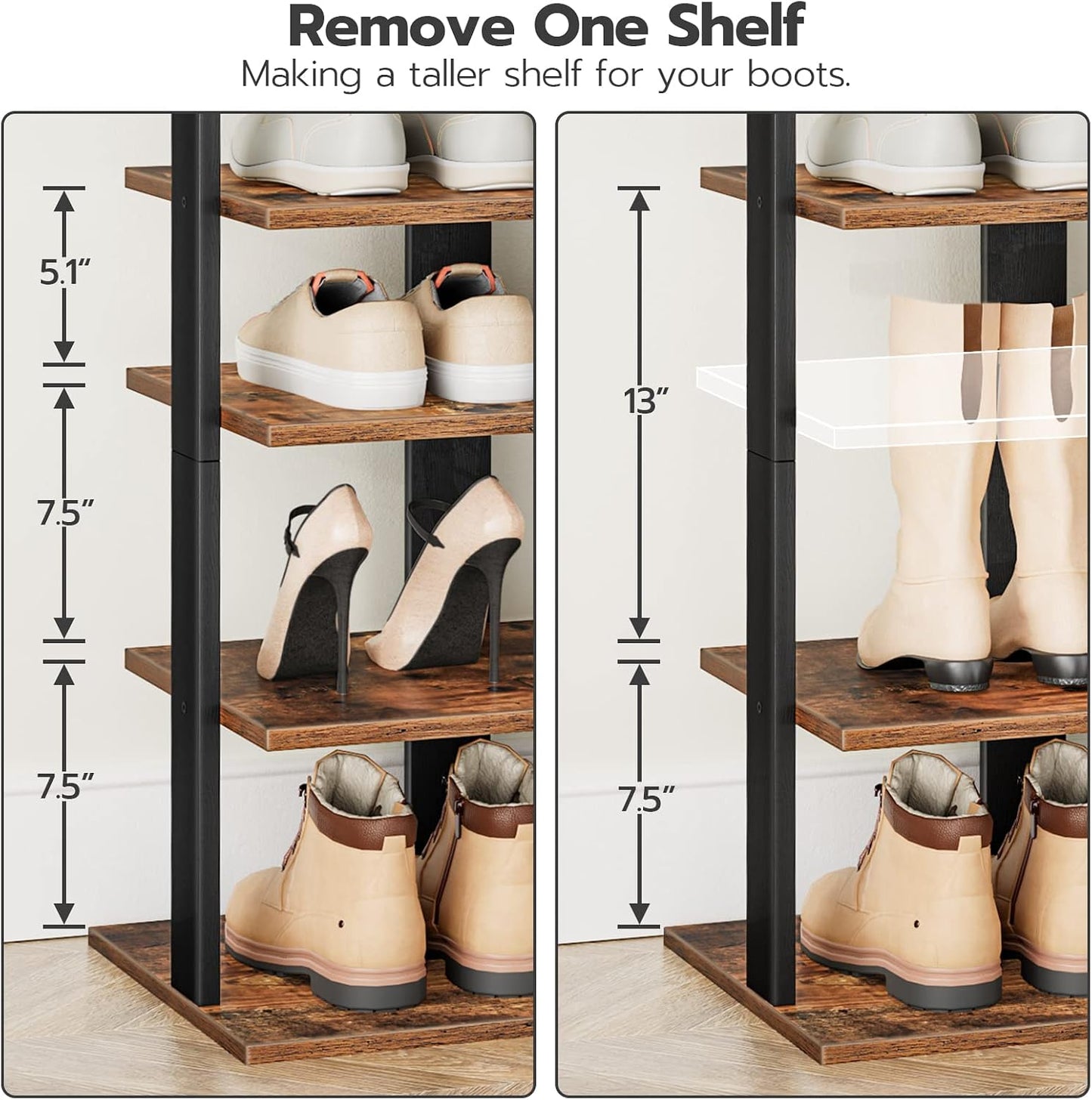 HOOBRO 8 Tiers Vertical Shoe Rack, Wooden Shoe Storage Organizer with Hooks, Narrow Shoe Tower for 8 Pairs, Space Saving, for Entryway, Living Room, Bedroom, Rustic Brown BF07XJ01G1