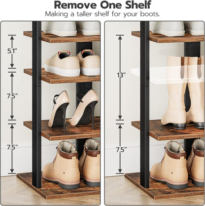 HOOBRO 8 Tiers Vertical Shoe Rack, Wooden Shoe Storage Organizer with Hooks, Narrow Shoe Tower for 8 Pairs, Space Saving, for Entryway, Living Room, Bedroom, Rustic Brown BF07XJ01G1