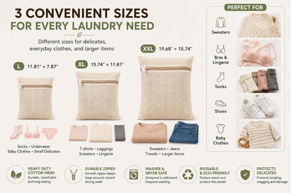 6-Pack Laundry Bags, Durable Cotton Mesh with Sturdy Zipper, Breathable Mesh Fabric, Ideal for Washing Underwear, Pants, Shoes, Socks and Delicate Garments