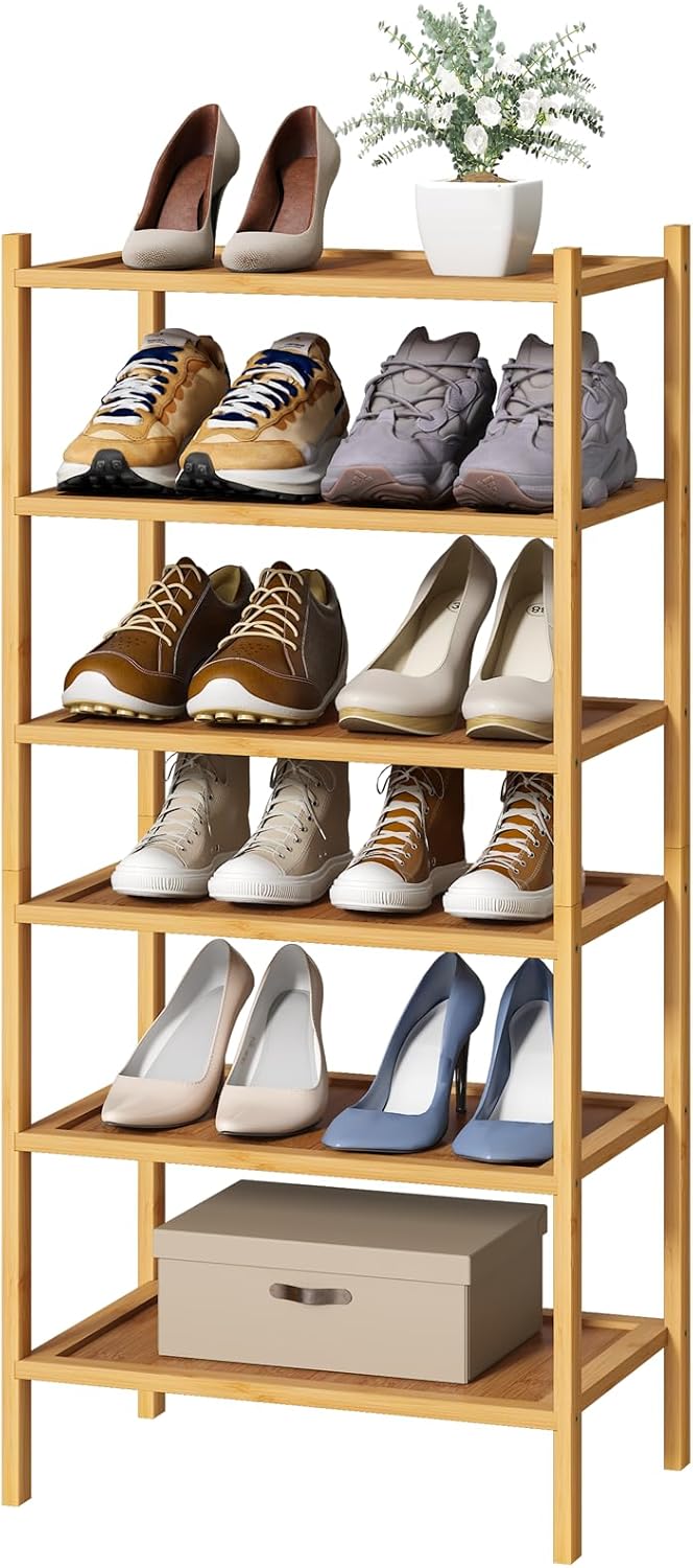 kiplant Small Shoe Rack, 4-Tier Bamboo Wood Shoe Rack for Entryway, Stackable Shoe Organizer for Hallway Closet, Free Standing Shoe Racks for Indoor & Outdoor