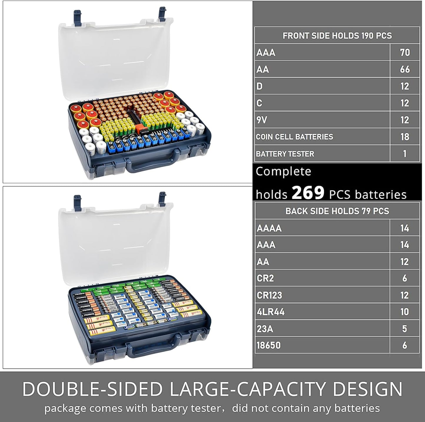 Battery Organizer Storage Case with Tester for 269 Batteries, Double Sides | Plastic, For AA AAA 4A C D Cell 9V 3V LR44 CR2 CR123 CR1632 18650 Button, Wall/Drawer, For Families/DIY/Home/Garage, Grey