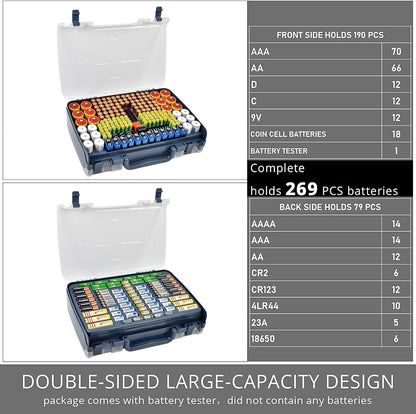 Battery Organizer Storage Case with Tester for 269 Batteries, Double Sides | Plastic, For AA AAA 4A C D Cell 9V 3V LR44 CR2 CR123 CR1632 18650 Button, Wall/Drawer, For Families/DIY/Home/Garage, Grey