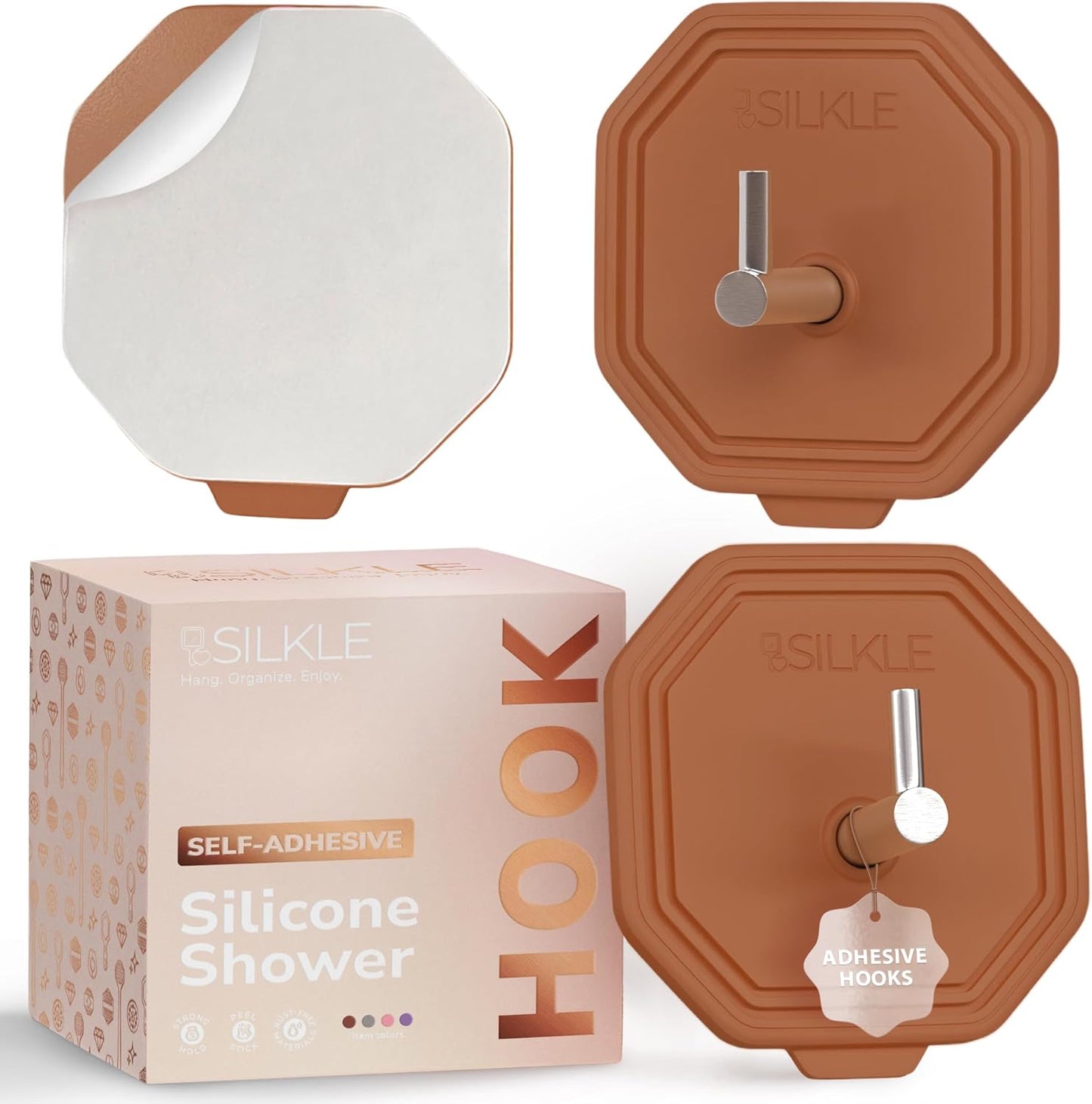 SILKLE Adhesive Silicone Shower Hooks - Adhesive Wall Hooks & Towel Holder for Bathroom, Tile, Glass, No-Drill, Waterproof & Rustproof, Heavy-Duty Stainless Steel, Damage-Free Removal - 2 Pack, Brown