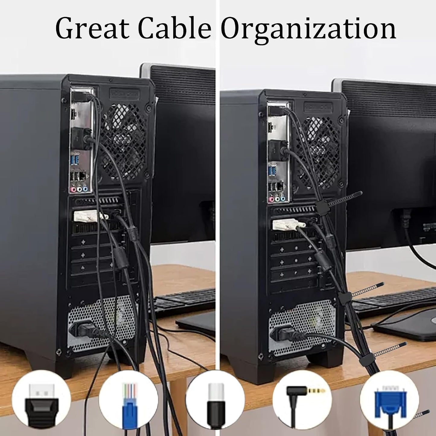 30PCS Self-Adhesive Cable Management Clips, Desk Wire Organizer Zip Ties, Heavy Duty Nylon Cord Holders for TV, PC, and Home Office Use