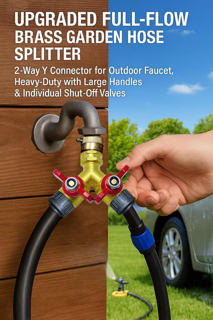 Upgraded Full-Flow Brass Garden Hose Splitter, 3/4 Inch，2-Way Y Connector for Outdoor Faucet, Heavy-duty Handle & Individual Shut-Off Valves, Ideal for Garden Irrigation & Cleaning Tasks