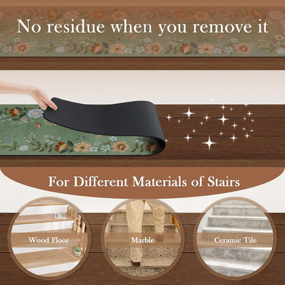 OJIA Floral Stair Treads Non-Slip Carpet Stair Treads for Wooden Steps Indoor 15PCS 30"x8" Stair Runner Stair Mats Staircase Step Treads for Kids, Elders and Dogs, Stair Covers, Black