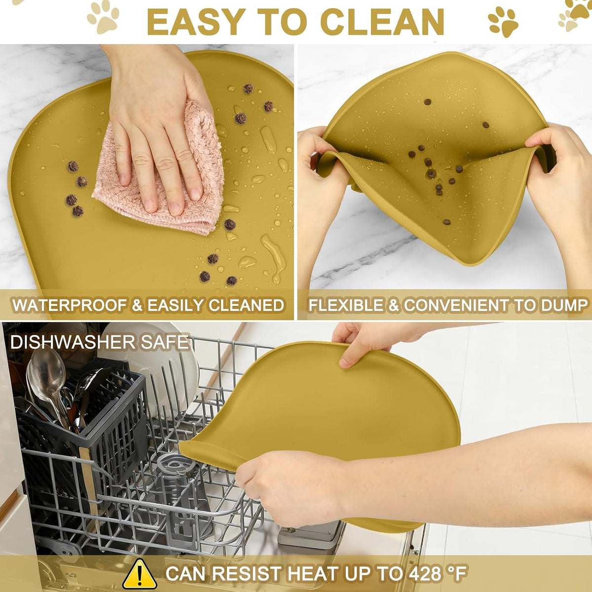 SMILOOL Silicone Pet Food Mat with Raised Edge for Food and Water Bowl, Dog Feeding Mats, Cat Food Trays for Floor Waterproof, Rubber Tray for Dogs and Cats, 19 x 12 x 0.7 Black