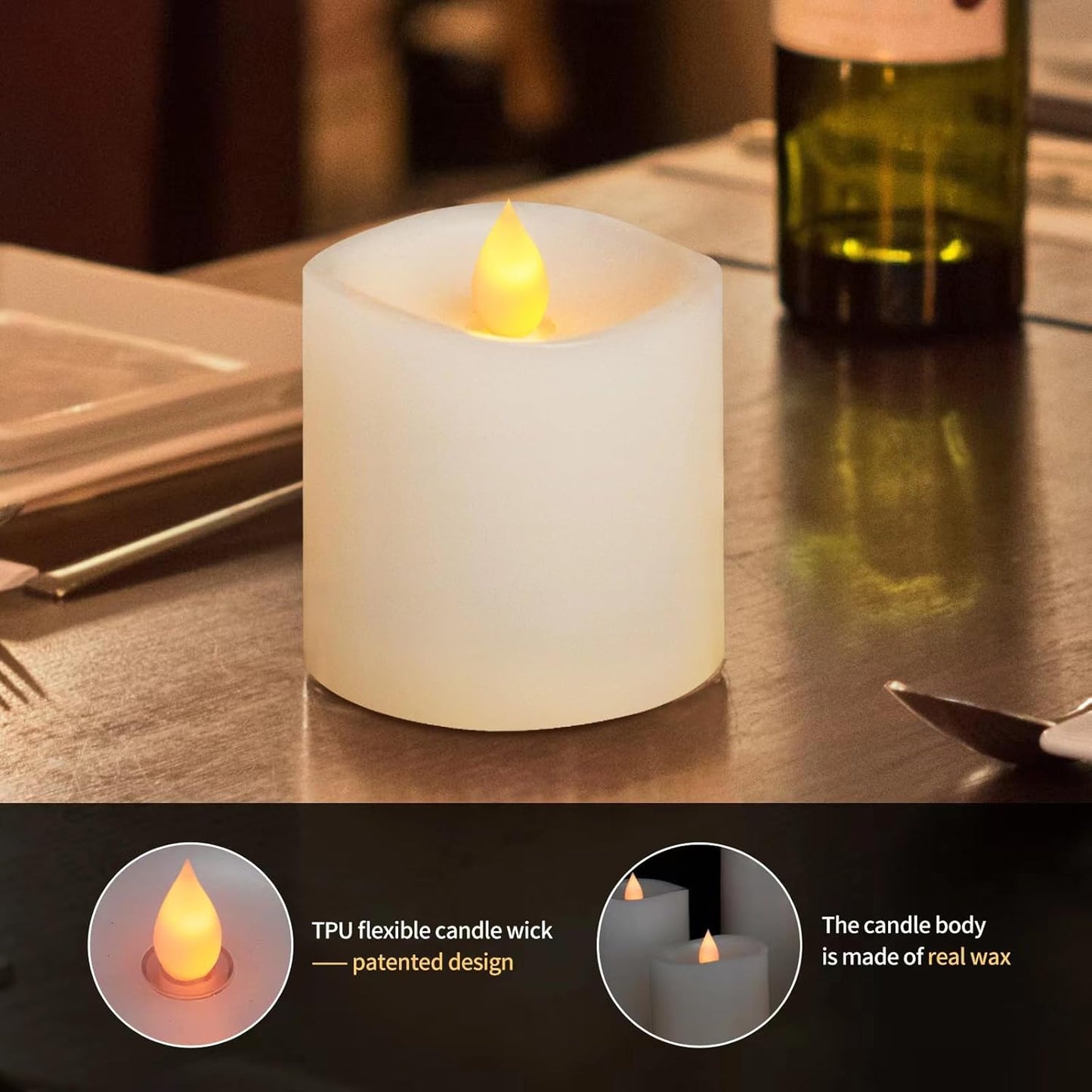 3x3 Flickering Flameless Candles Set of 2, 2AA Battery Life 600 Hours Battery Candles Flickering with Timer,3 inch Flameless Candles with Remote for Indoor/Outdoor, Ivory