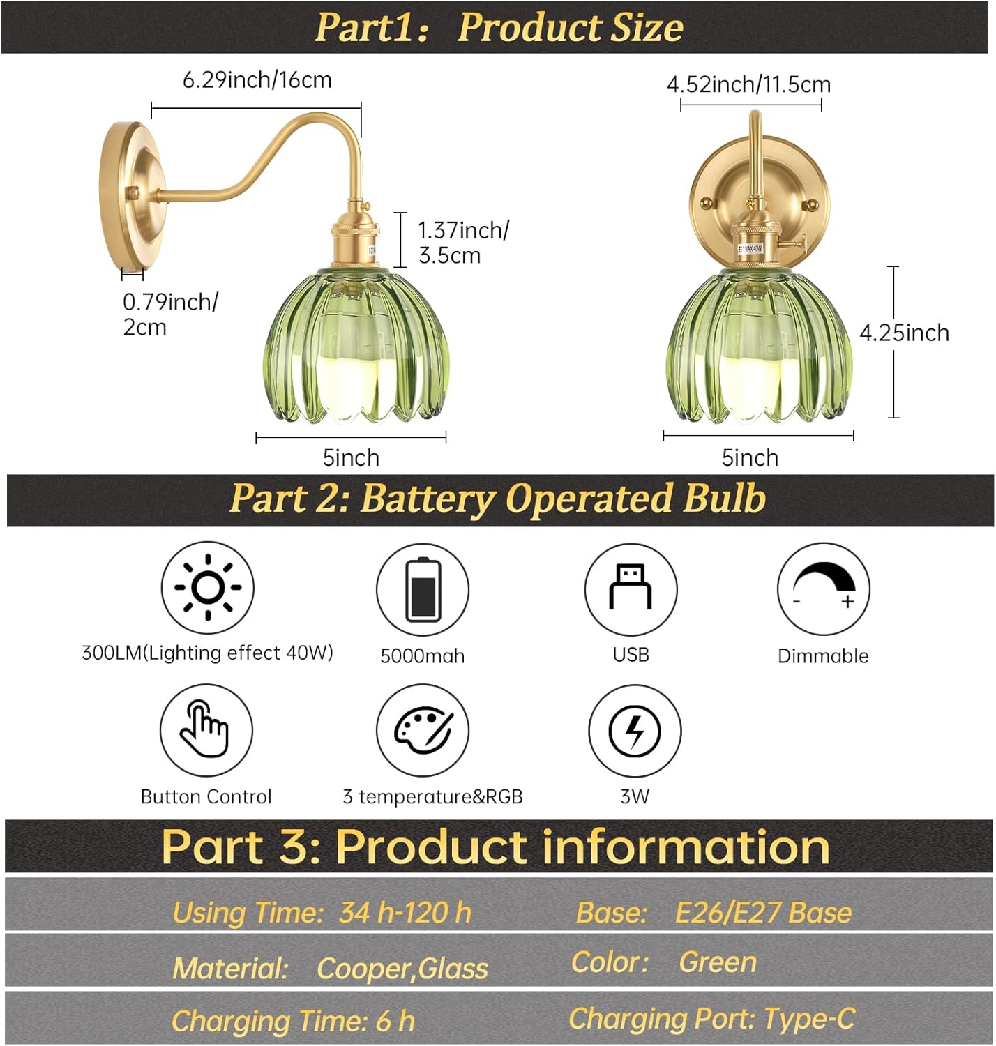 Shenmoyl Vintage Battery Operated Wall Sconce with Transparent Tulip Glass Lampshade Rechargeable Battery Powered Wall Light with Remote Control for Bedside Bedroom Doorway, Set of 2