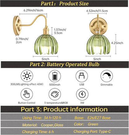 Shenmoyl Vintage Battery Operated Wall Sconce with Transparent Tulip Glass Lampshade Rechargeable Battery Powered Wall Light with Remote Control for Bedside Bedroom Doorway, Set of 2