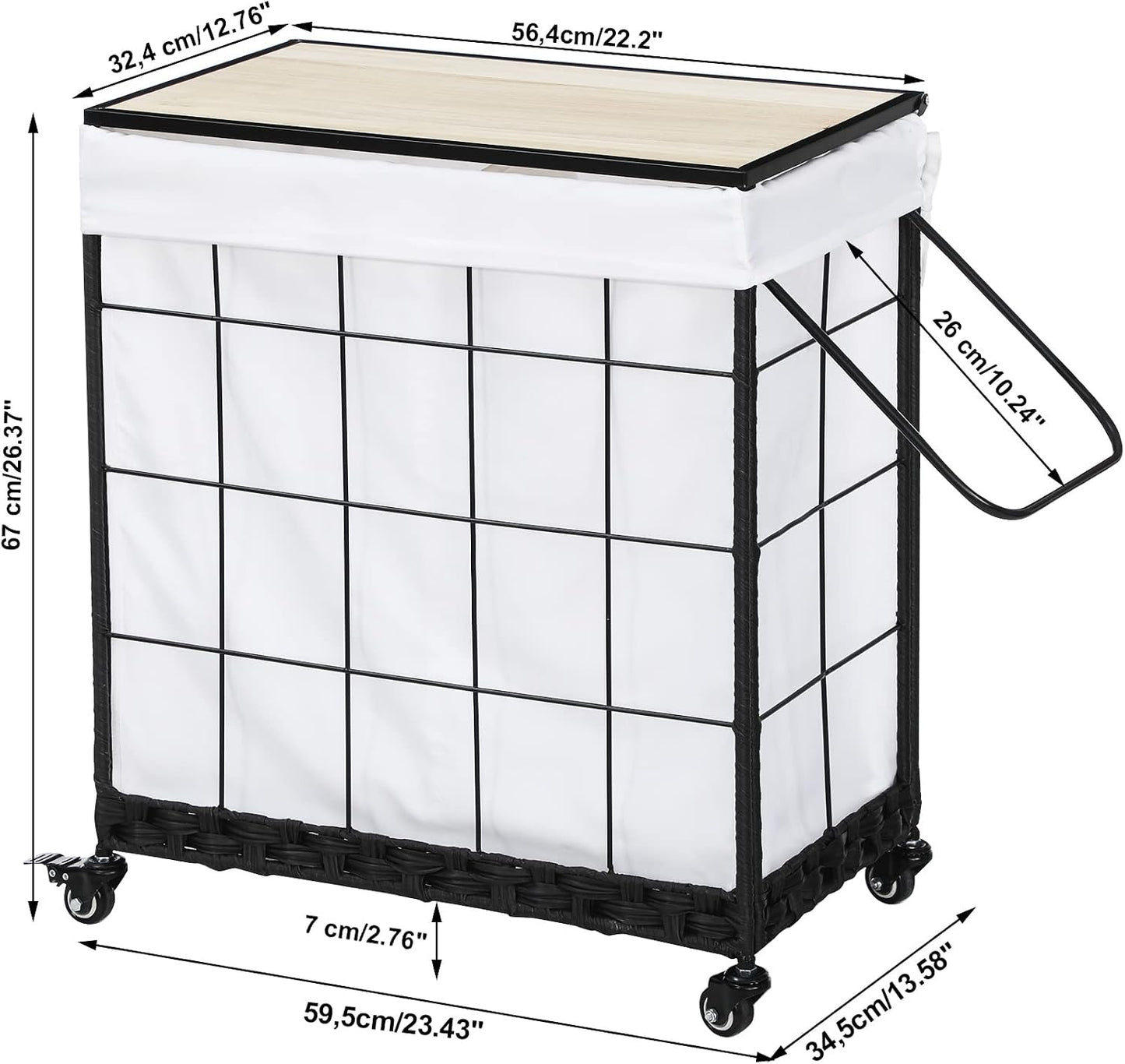 Laundry Hamper with Heavy Duty Caster Wheels; 3 Sections Clothes Hamper with Lid; 132L Laundry Basket with Removable Liner Bag; Laundry Sorter with Metal Handle (White)