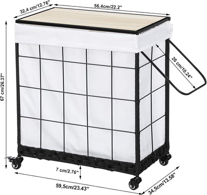 Laundry Hamper with Heavy Duty Caster Wheels; 3 Sections Clothes Hamper with Lid; 132L Laundry Basket with Removable Liner Bag; Laundry Sorter with Metal Handle (White)
