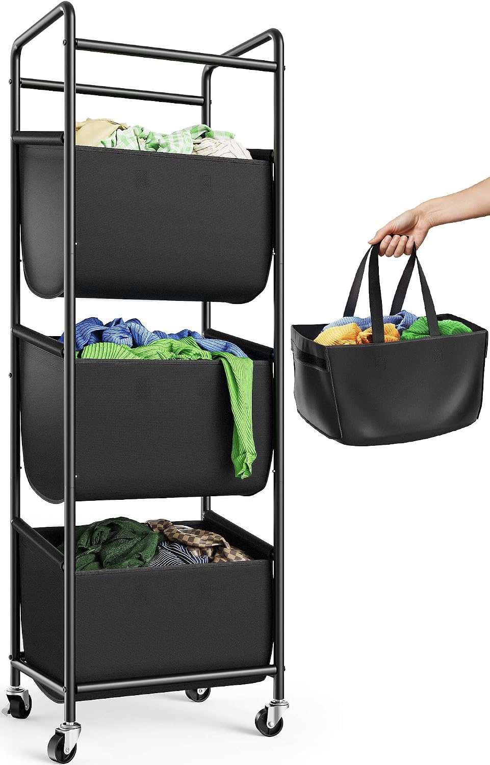 3 Section Laundry Sorter with Removable Bags, 120L Rolling Vertical Laundry Hamper, Stackable Laundry Baskets organizer for Bathroom, Apartment, Dorm (Beige, With Wheel)