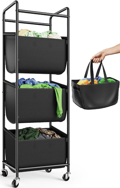3 Section Laundry Sorter with Removable Bags, 120L Rolling Vertical Laundry Hamper, Stackable Laundry Baskets organizer for Bathroom, Apartment, Dorm (Beige, With Wheel)