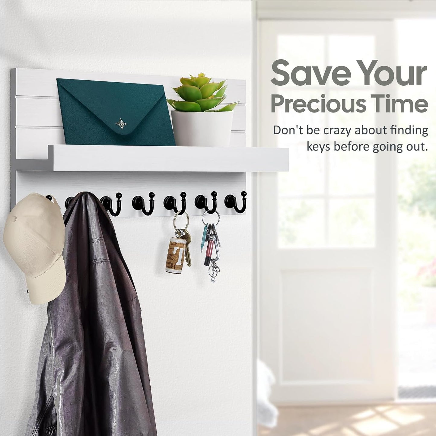 HONJIN Key Holder for Wall: Easy Installation Mail Organizer Wall Mount Hanging Key Rack for Kitchen and Entryway Decor with 5 Sturdy Key Hooks (White)