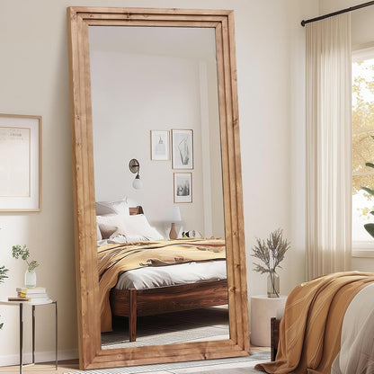 65"x22" Full Length Mirror Solid Wood Frame Floor Mirror with Stand for Living Room, Bedroom Hanging Standing or Leaning, Brown