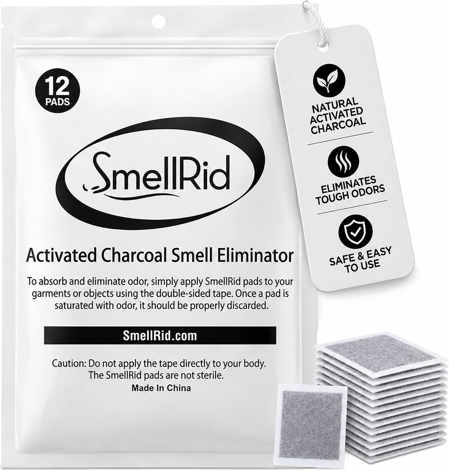 SMELLRID Activated Charcoal Odor Absorber Pads – 12 Unscented Adhesive (4"x4") Charcoal Pads for Body Odor, Flatulence & Personal Care Environments – 100% Coconut Shell Carbon