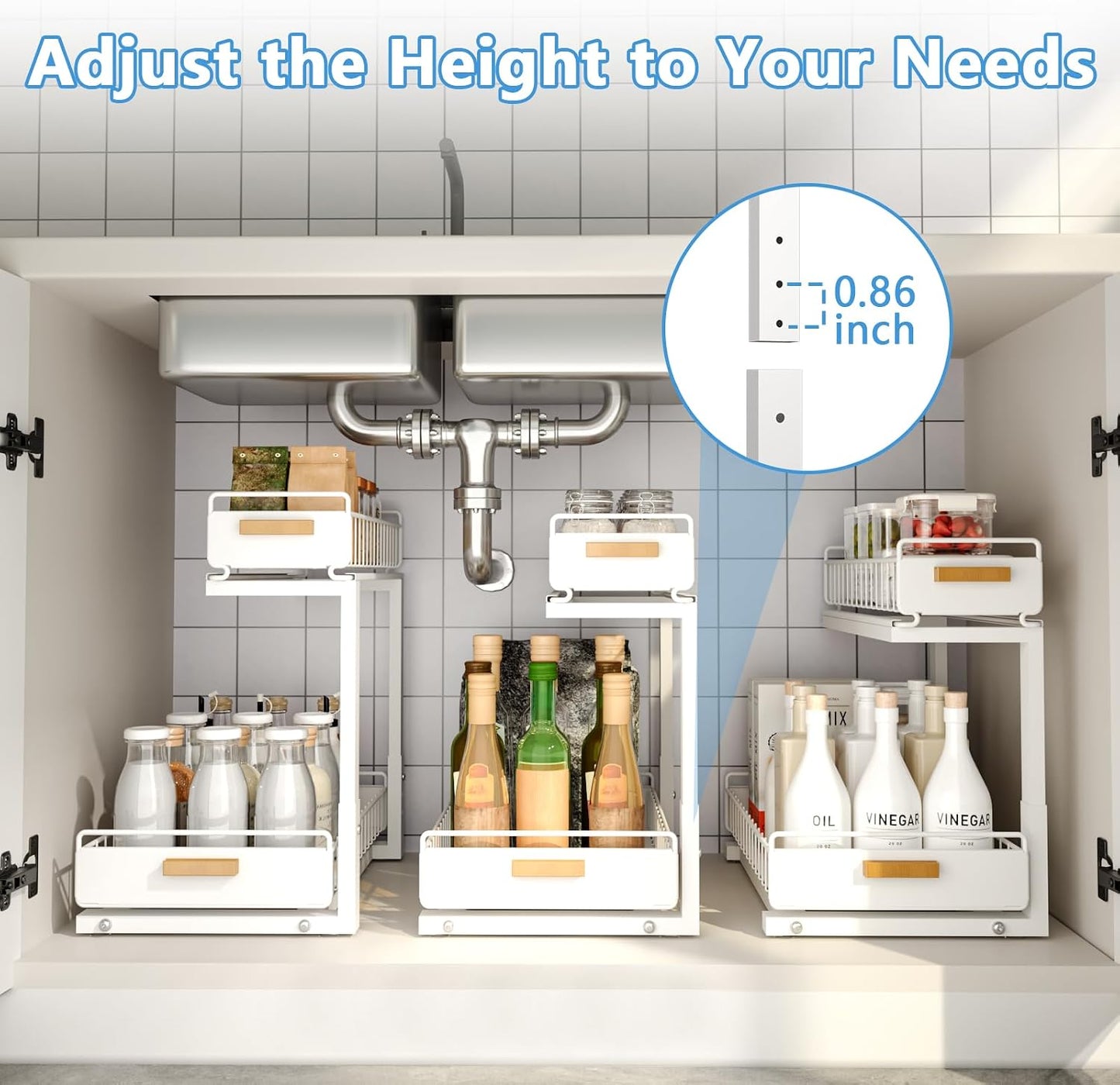 Under Sink Organizer Kitchen - Upgraded Professional Rails, 2 Tier Dual Pull Out Cabinet Storage, Height Adjustable Under Sink Storage, Metal Sliding Drawer for Kitchen & Bathroom, White, 2 Pack