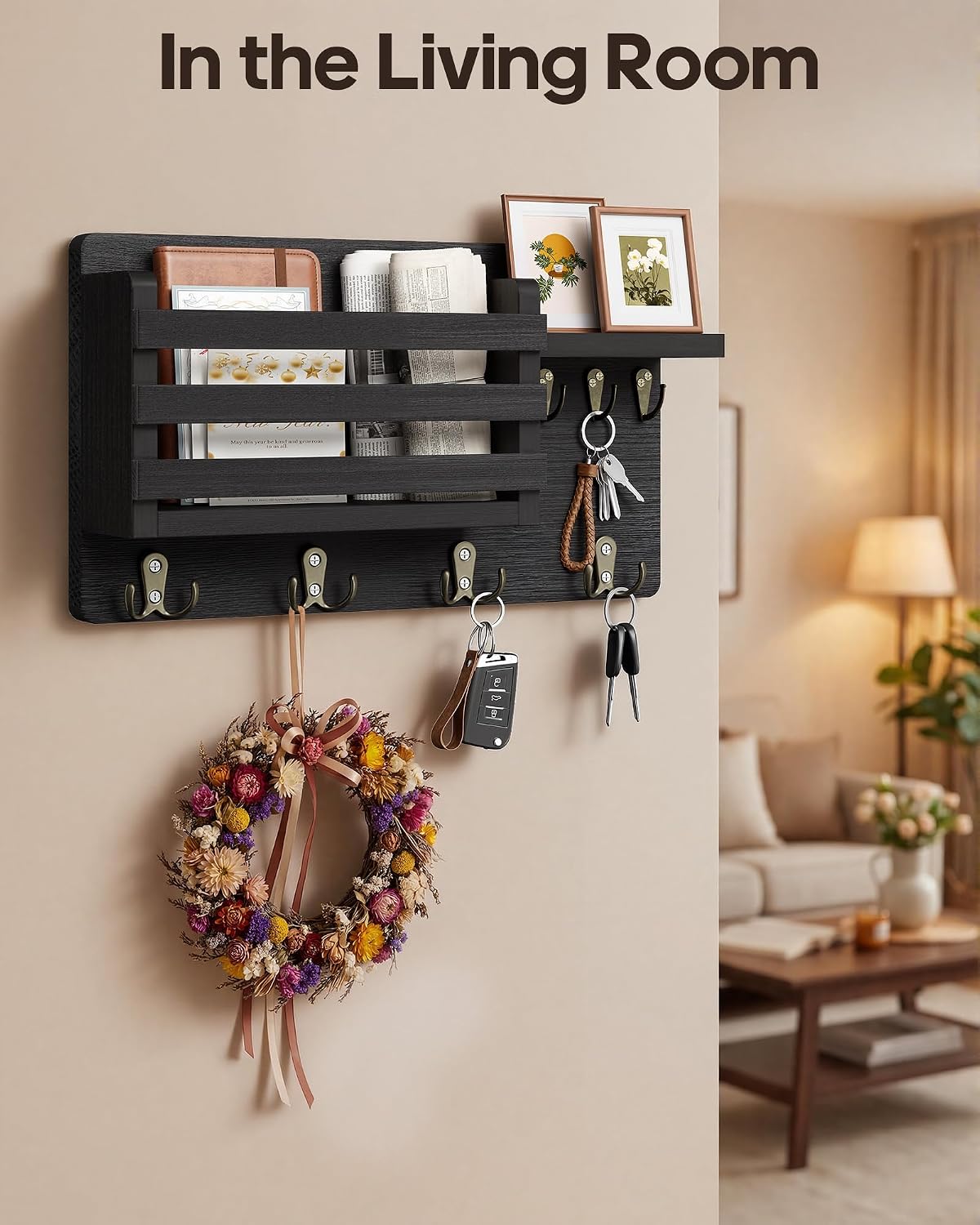 Key Holder Wall Mount, 16 Inch Pre-Assembled Key Hooks Rack with Shelf & Mail Holder for Wall, Wood Walls Organizer for Entryway, Living Room, Black
