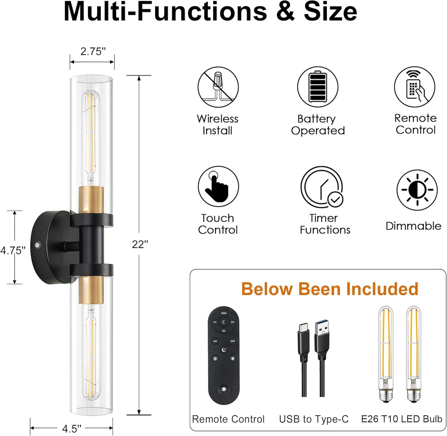 SANTOSTOCK Gold Battery Operated Wall Sconce Set of 2, 12000mAh Rechargeable Wall Lights with Remote Control, Wireless Dimmable Wall Lamps for Bedroom Living Room Bathroom Hallway Stairwell