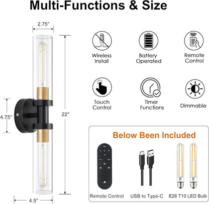 SANTOSTOCK Gold Battery Operated Wall Sconce Set of 2, 12000mAh Rechargeable Wall Lights with Remote Control, Wireless Dimmable Wall Lamps for Bedroom Living Room Bathroom Hallway Stairwell