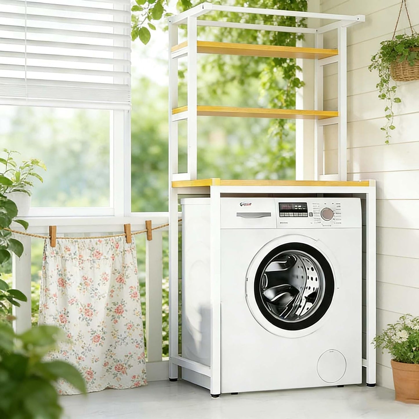 Modern Style Over Washer Storage Shelf, White Metal and Wood Organizer for Neat Home Laundry Room(Black,3-T)