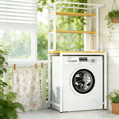 Modern Style Over Washer Storage Shelf, White Metal and Wood Organizer for Neat Home Laundry Room(Black,3-T)