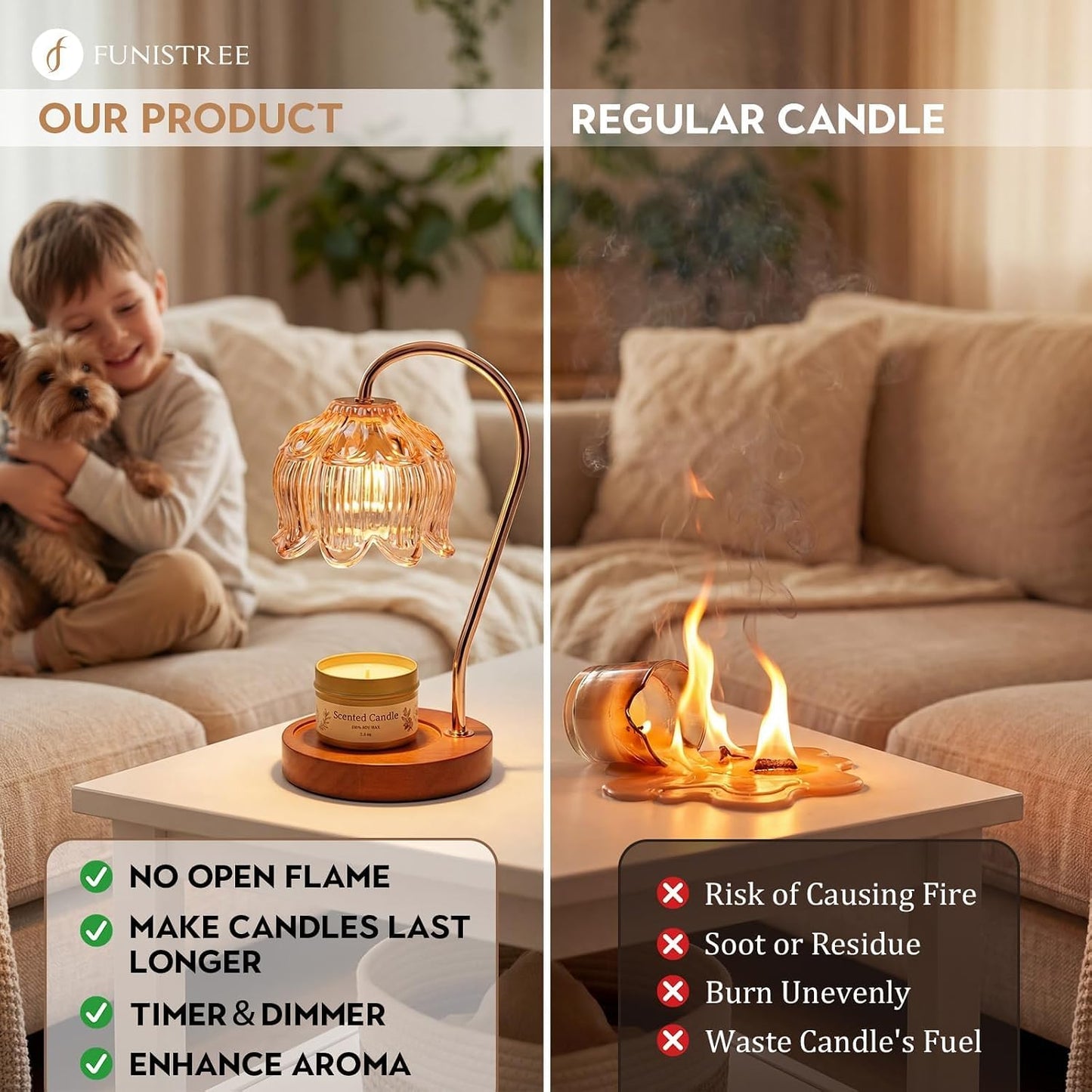 Funistree Flower Candle Warmer Lamp with Timer & Dimmer, Adjustable Height Candle Warmer, Christmas Birthday Gifts for Women Mom, House Warming New Home Decor, Wax Warmer with 2 Bulbs for Jar Candles